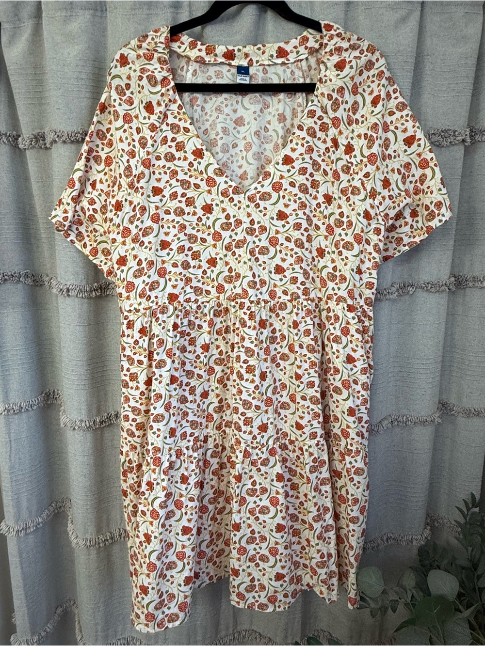 Old Navy Orange Floral V-Neck Midi Dress, Cottagecore, Flowy-SIZE XL